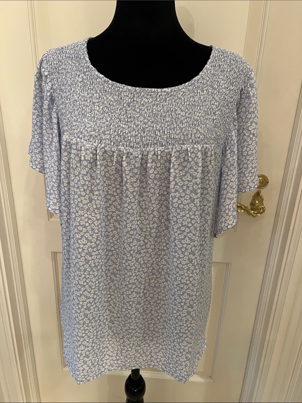 Light Blue and White Smocked Yoke Blouse